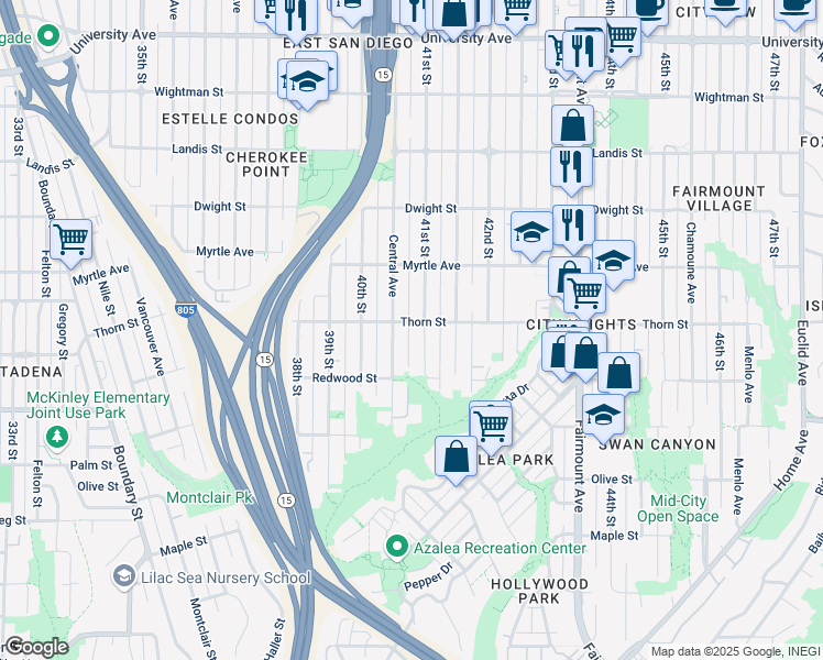 map of restaurants, bars, coffee shops, grocery stores, and more near 4075 Thorn Street in San Diego