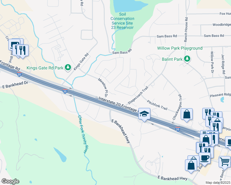 map of restaurants, bars, coffee shops, grocery stores, and more near 131 Overland Trail in Willow Park