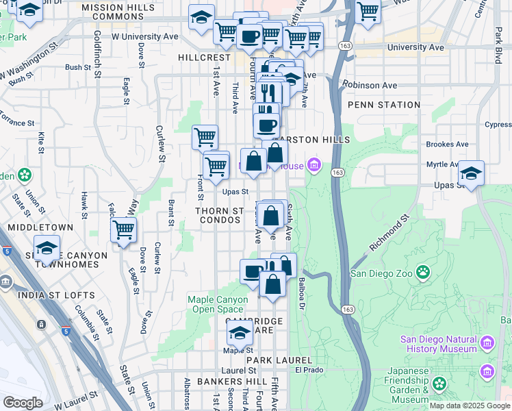 map of restaurants, bars, coffee shops, grocery stores, and more near 313 West Upas Street in San Diego