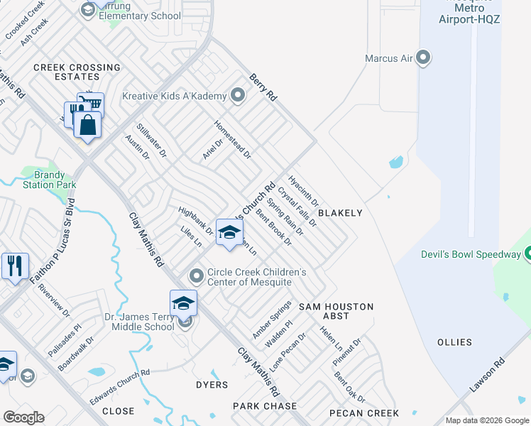 map of restaurants, bars, coffee shops, grocery stores, and more near 2516 Bent Brook Drive in Mesquite