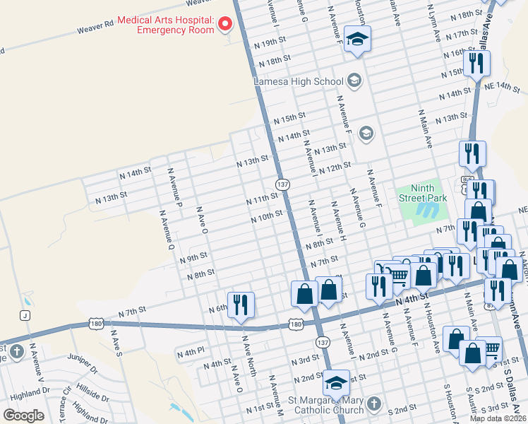 map of restaurants, bars, coffee shops, grocery stores, and more near 1211 North 11th Street in Lamesa