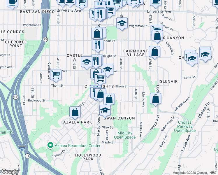 map of restaurants, bars, coffee shops, grocery stores, and more near 3250 Highland Avenue in San Diego