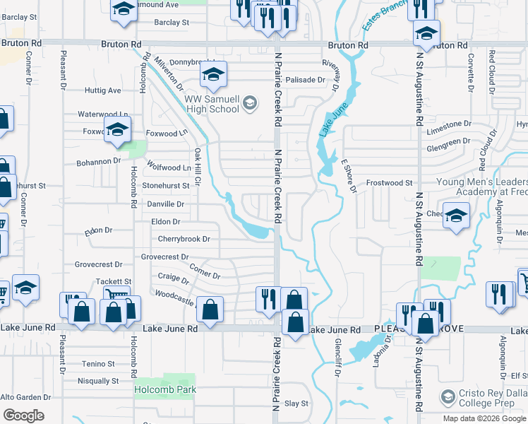 map of restaurants, bars, coffee shops, grocery stores, and more near 1647 North Prairie Creek Road in Dallas