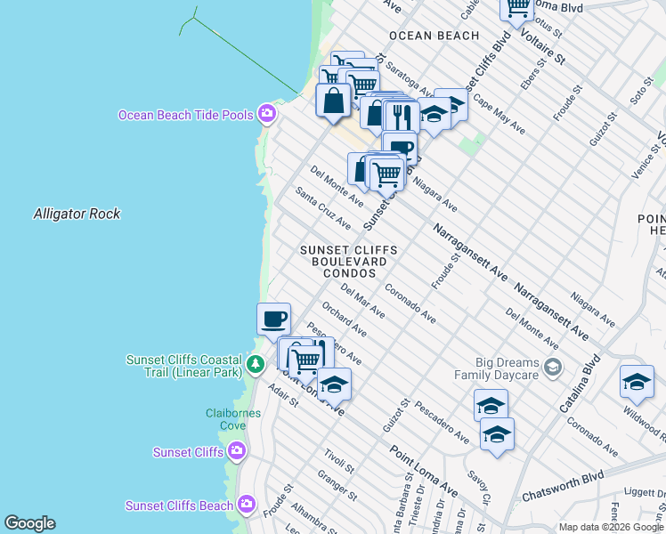 map of restaurants, bars, coffee shops, grocery stores, and more near 1612 Sunset Cliffs Boulevard in San Diego