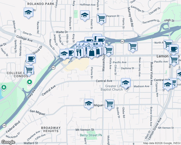 map of restaurants, bars, coffee shops, grocery stores, and more near 3168 Florine Drive in Lemon Grove