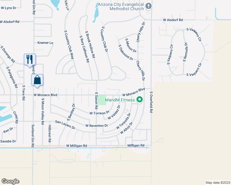 map of restaurants, bars, coffee shops, grocery stores, and more near 8610 West Monaco Boulevard in Arizona City