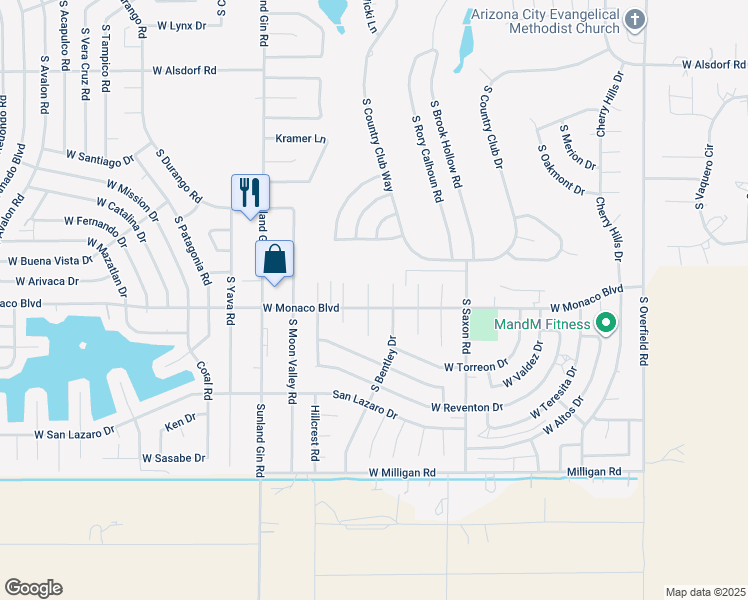 map of restaurants, bars, coffee shops, grocery stores, and more near 15330 South Bentley Place in Arizona City