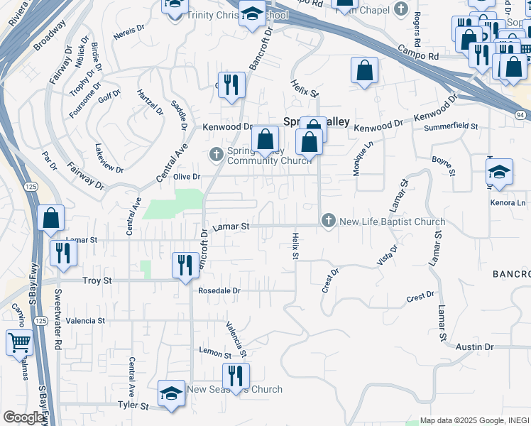 map of restaurants, bars, coffee shops, grocery stores, and more near 3155 Lamar Springs Court in Spring Valley