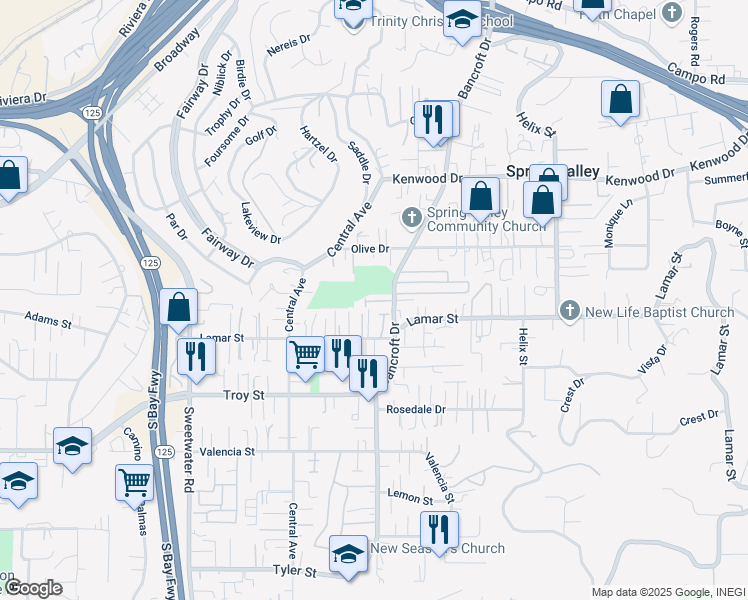 map of restaurants, bars, coffee shops, grocery stores, and more near 3180 Bancroft Drive in Spring Valley