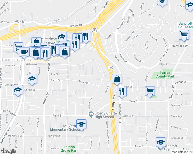 map of restaurants, bars, coffee shops, grocery stores, and more near 8355 Golden Avenue in Lemon Grove