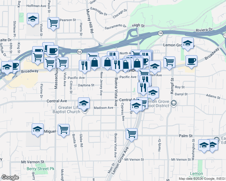 map of restaurants, bars, coffee shops, grocery stores, and more near 3260 Buena Vista Avenue in Lemon Grove