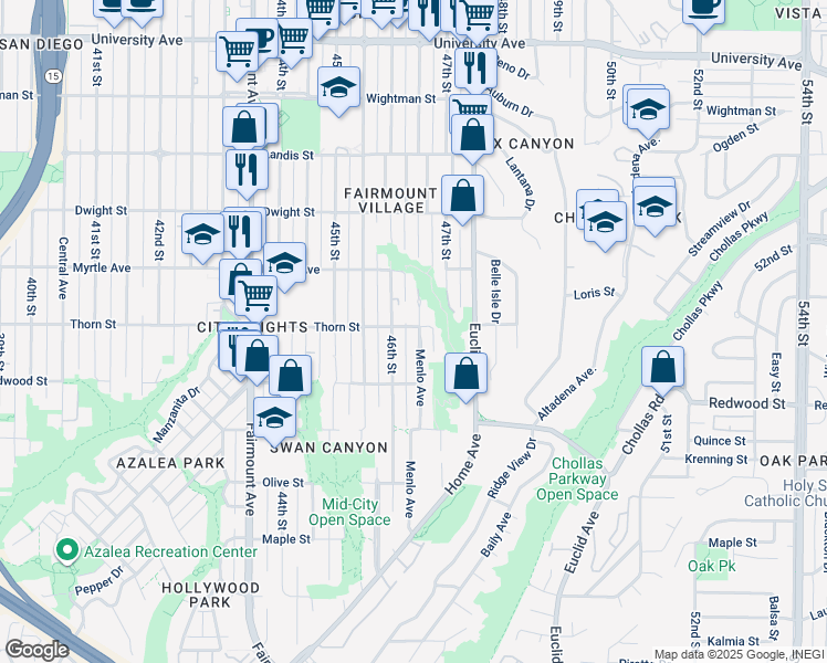 map of restaurants, bars, coffee shops, grocery stores, and more near 4634 Thorn Street in San Diego