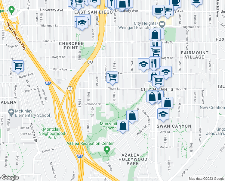 map of restaurants, bars, coffee shops, grocery stores, and more near 3303 Central Avenue in San Diego