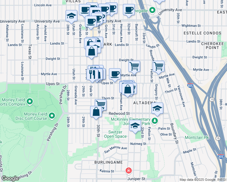 map of restaurants, bars, coffee shops, grocery stores, and more near in San Diego
