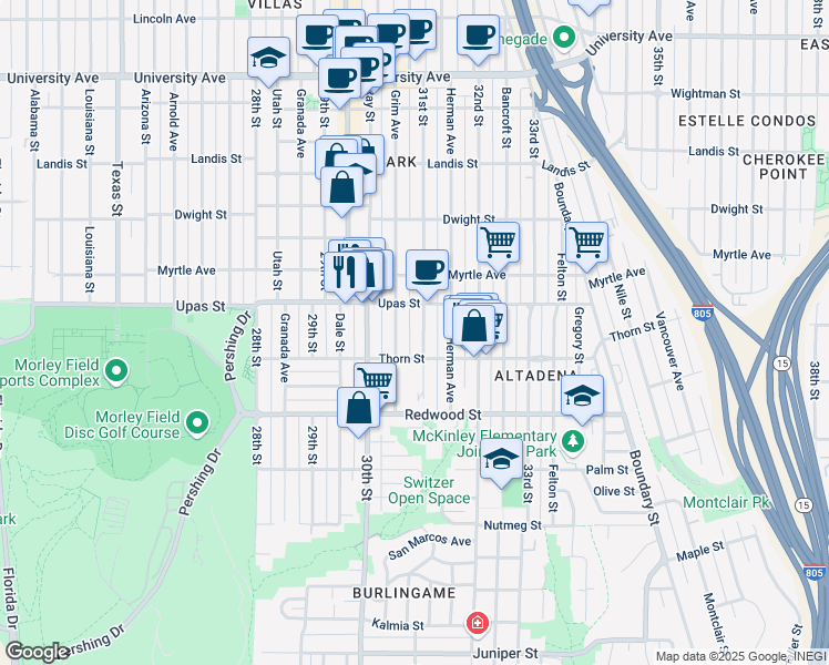 map of restaurants, bars, coffee shops, grocery stores, and more near in San Diego