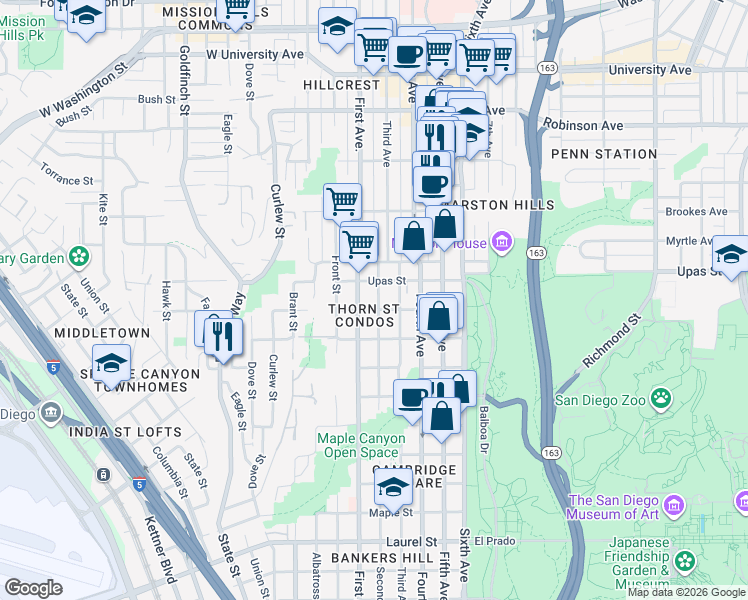 map of restaurants, bars, coffee shops, grocery stores, and more near 3356 2nd Avenue in San Diego