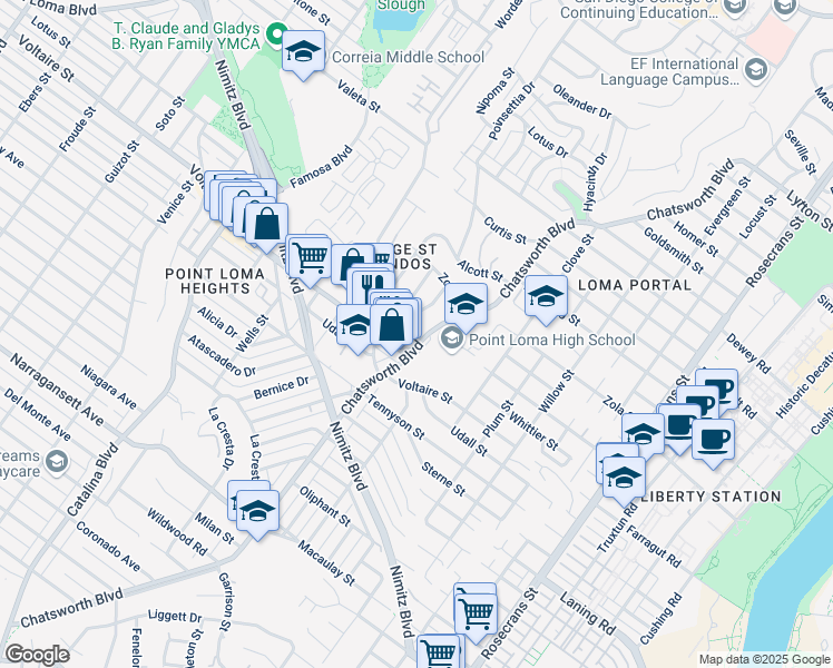 map of restaurants, bars, coffee shops, grocery stores, and more near 2235 Poinsettia Drive in San Diego