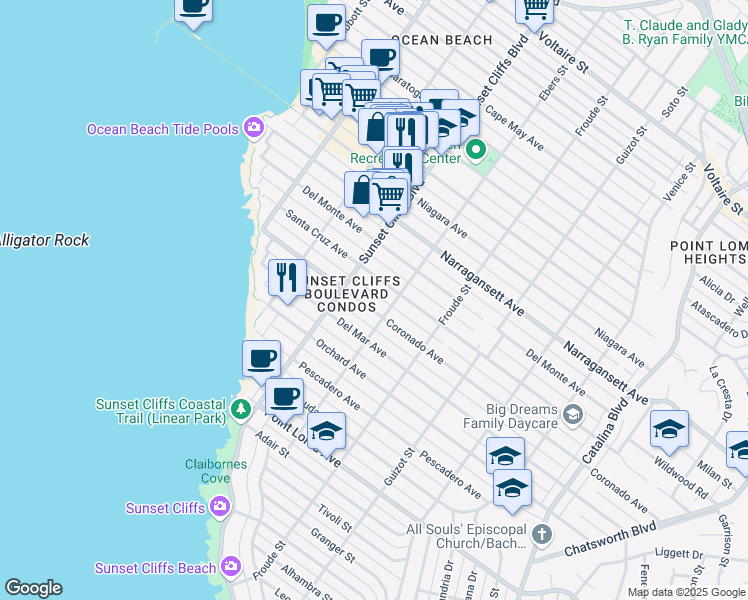 map of restaurants, bars, coffee shops, grocery stores, and more near in San Diego
