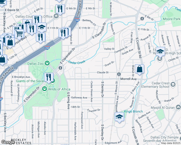 map of restaurants, bars, coffee shops, grocery stores, and more near 1115 Claude Street in Dallas