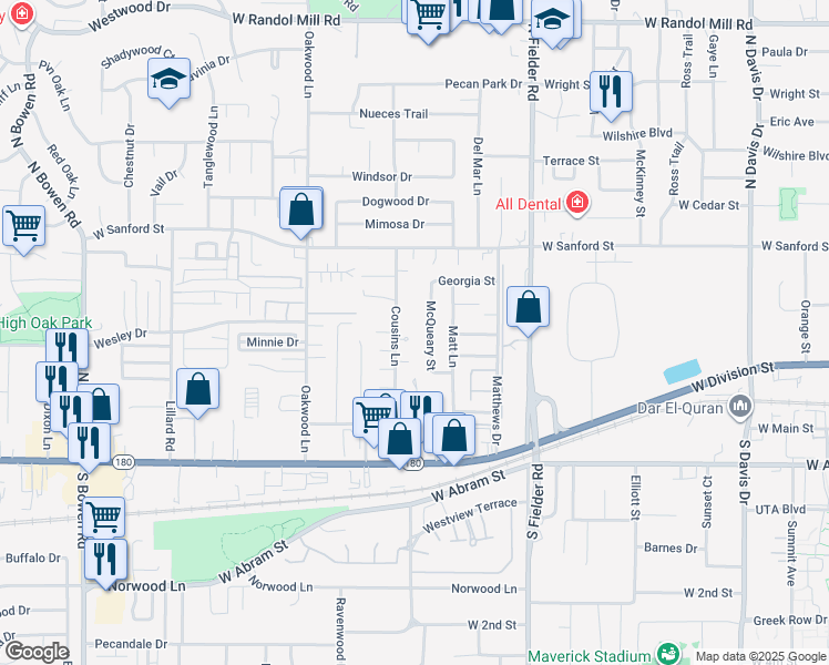 map of restaurants, bars, coffee shops, grocery stores, and more near 501 Cousins Lane in Arlington