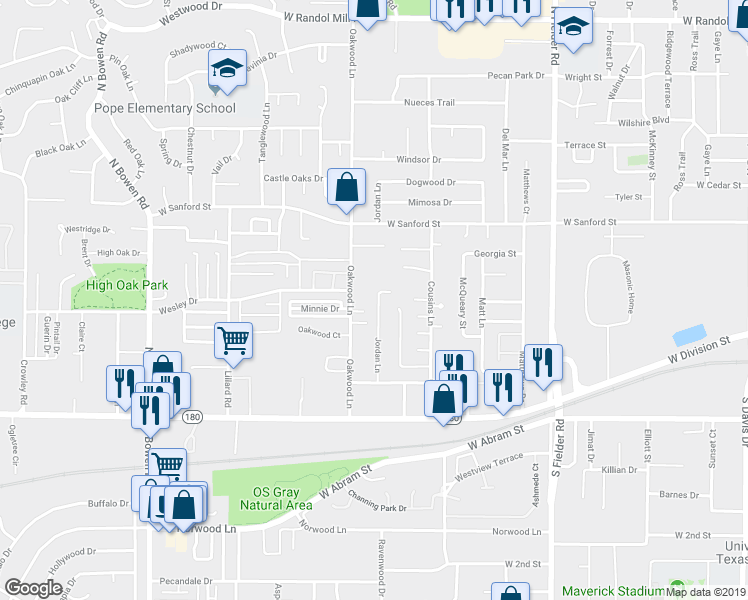 map of restaurants, bars, coffee shops, grocery stores, and more near 521 Oakwood Lane in Arlington