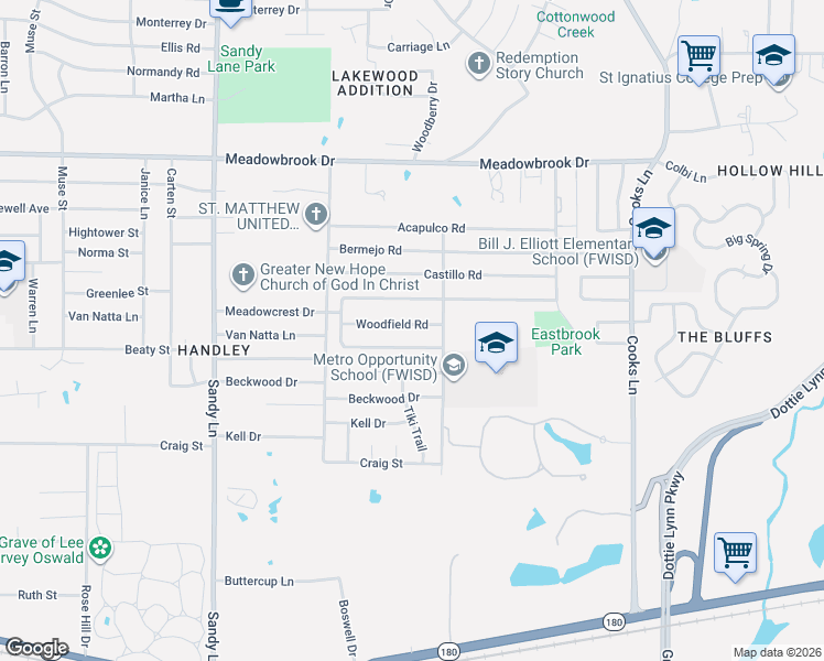 map of restaurants, bars, coffee shops, grocery stores, and more near 7617 Woodfield Road in Fort Worth