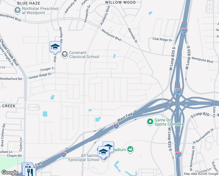 map of restaurants, bars, coffee shops, grocery stores, and more near 2121 Marshville Road in Fort Worth