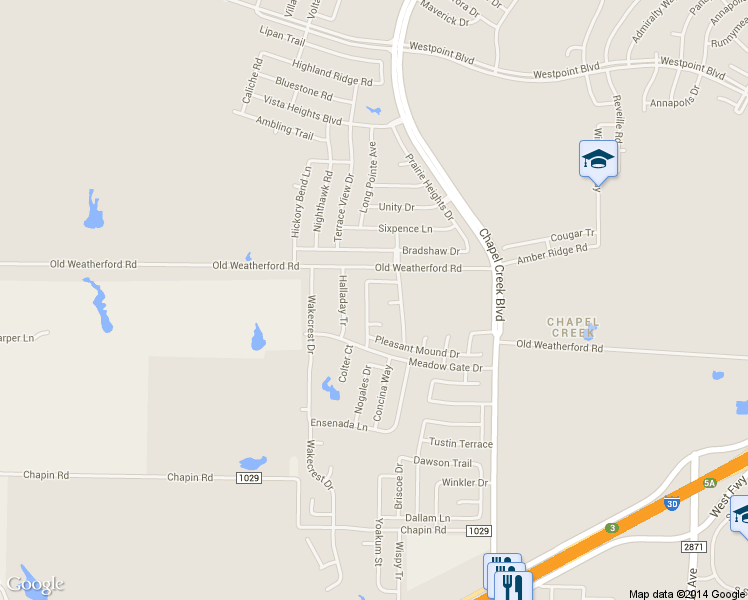 map of restaurants, bars, coffee shops, grocery stores, and more near 10425 Morning Dew Street in Fort Worth
