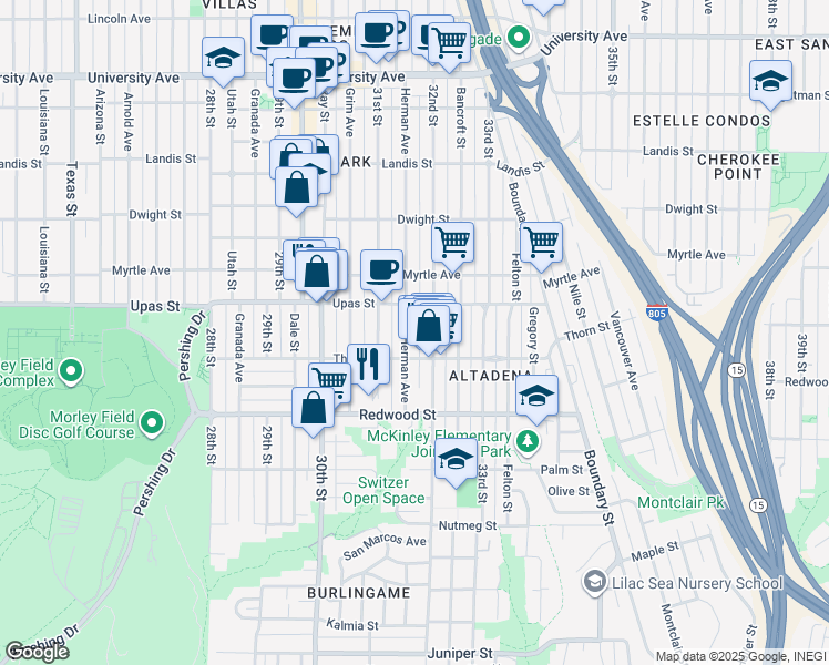 map of restaurants, bars, coffee shops, grocery stores, and more near 3345 Herman Avenue in San Diego