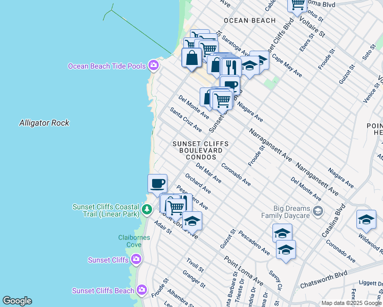 map of restaurants, bars, coffee shops, grocery stores, and more near 1612 Sunset Cliffs Boulevard in San Diego