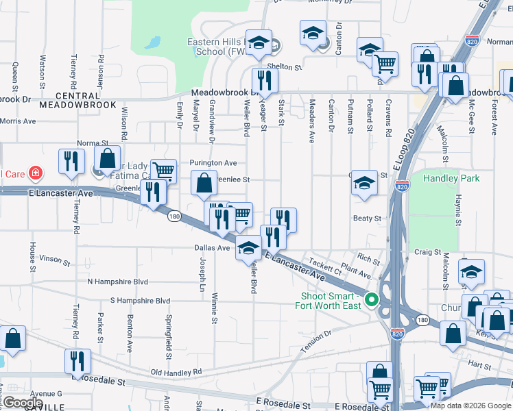 map of restaurants, bars, coffee shops, grocery stores, and more near 2716 Yeager Street in Fort Worth