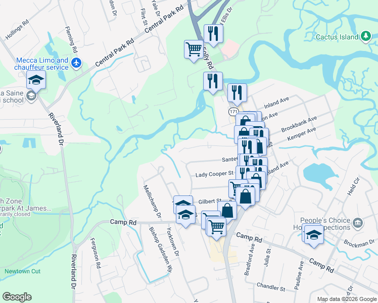 map of restaurants, bars, coffee shops, grocery stores, and more near 1776 Brantley Drive in Charleston