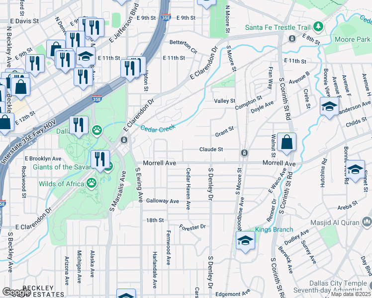 map of restaurants, bars, coffee shops, grocery stores, and more near 1103 Claude Street in Dallas