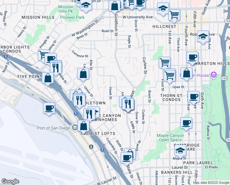 map of restaurants, bars, coffee shops, grocery stores, and more near 3330 Goldfinch Street in San Diego