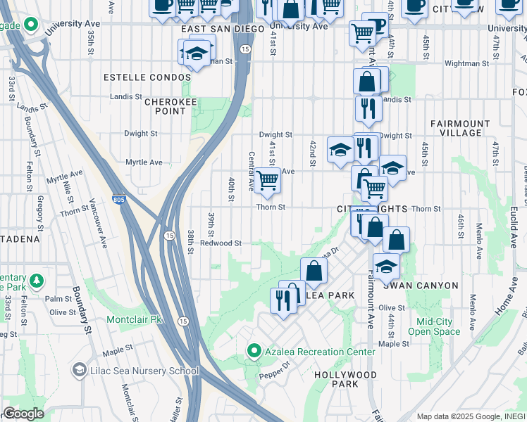 map of restaurants, bars, coffee shops, grocery stores, and more near 4075 Thorn Street in San Diego