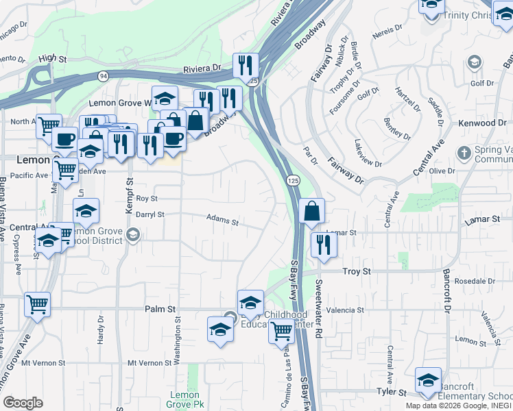 map of restaurants, bars, coffee shops, grocery stores, and more near 8355 Golden Avenue in Lemon Grove