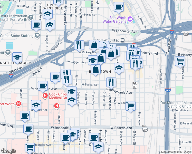 map of restaurants, bars, coffee shops, grocery stores, and more near 420 Hemphill Street in Fort Worth