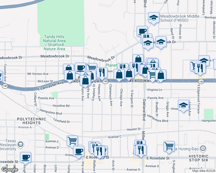 map of restaurants, bars, coffee shops, grocery stores, and more near 3900 East Lancaster Avenue in Fort Worth