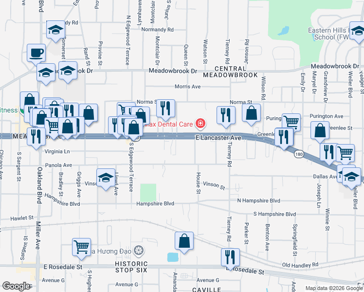 map of restaurants, bars, coffee shops, grocery stores, and more near 4906 East Lancaster Avenue in Fort Worth