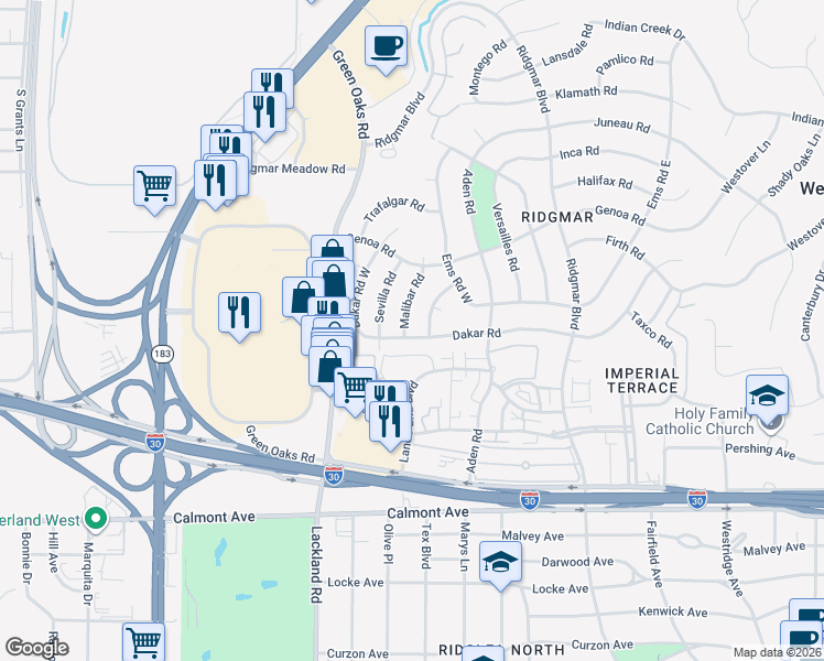 map of restaurants, bars, coffee shops, grocery stores, and more near 1905 Malibar Road in Fort Worth