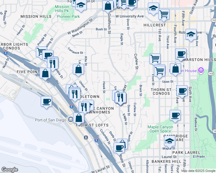 map of restaurants, bars, coffee shops, grocery stores, and more near 3330 Goldfinch Street in San Diego