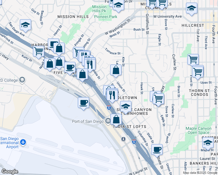 map of restaurants, bars, coffee shops, grocery stores, and more near 3535 Columbia Street in San Diego