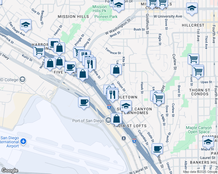 map of restaurants, bars, coffee shops, grocery stores, and more near 3535 Columbia Street in San Diego