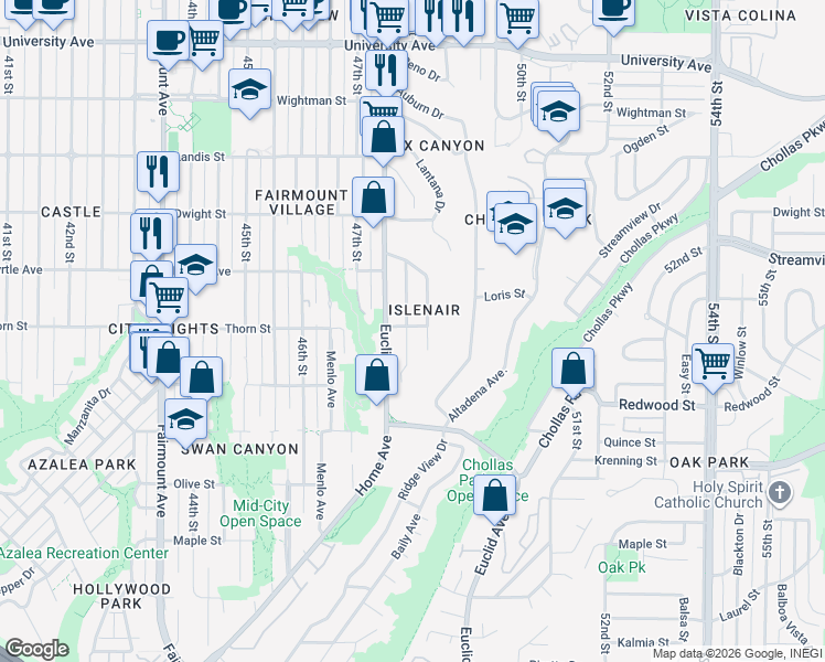 map of restaurants, bars, coffee shops, grocery stores, and more near 3261 Belle Isle Drive in San Diego