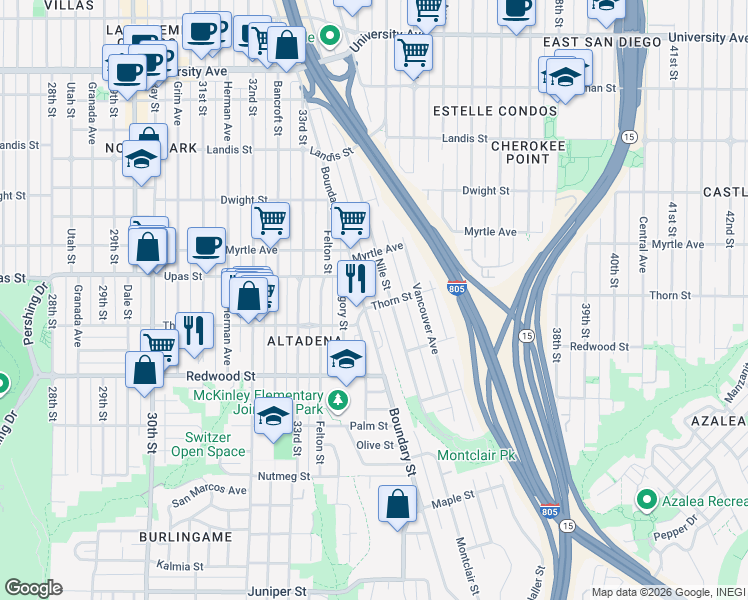 map of restaurants, bars, coffee shops, grocery stores, and more near in San Diego