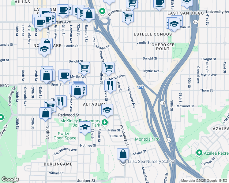 map of restaurants, bars, coffee shops, grocery stores, and more near in San Diego