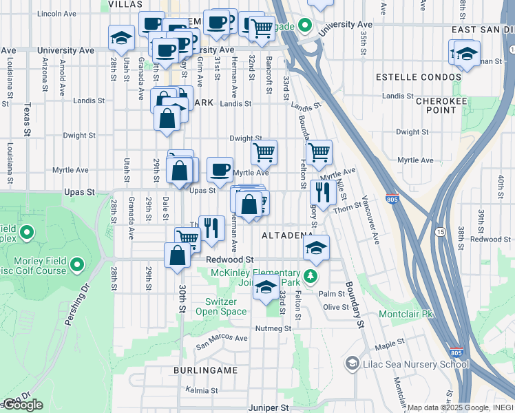 map of restaurants, bars, coffee shops, grocery stores, and more near 3358 Bancroft Street in San Diego