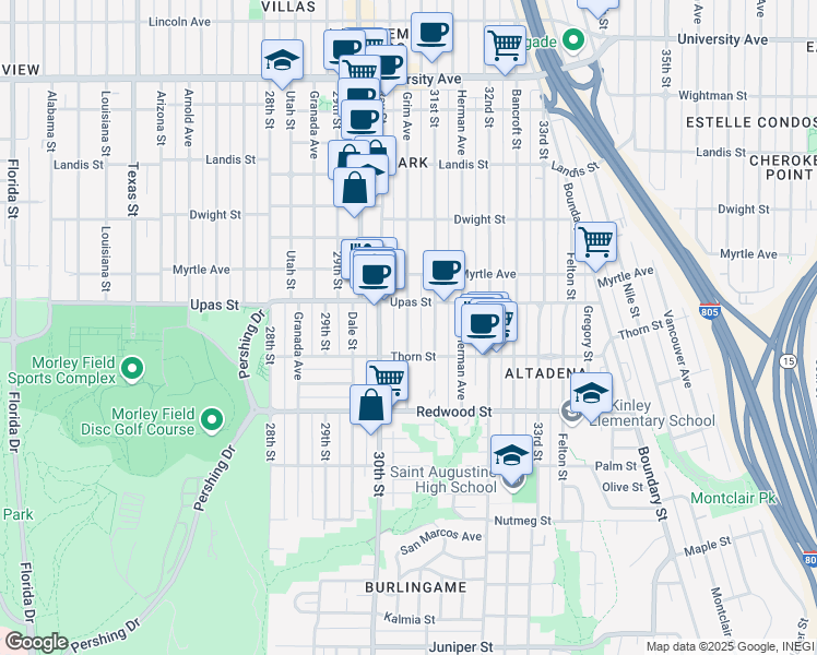 map of restaurants, bars, coffee shops, grocery stores, and more near in San Diego