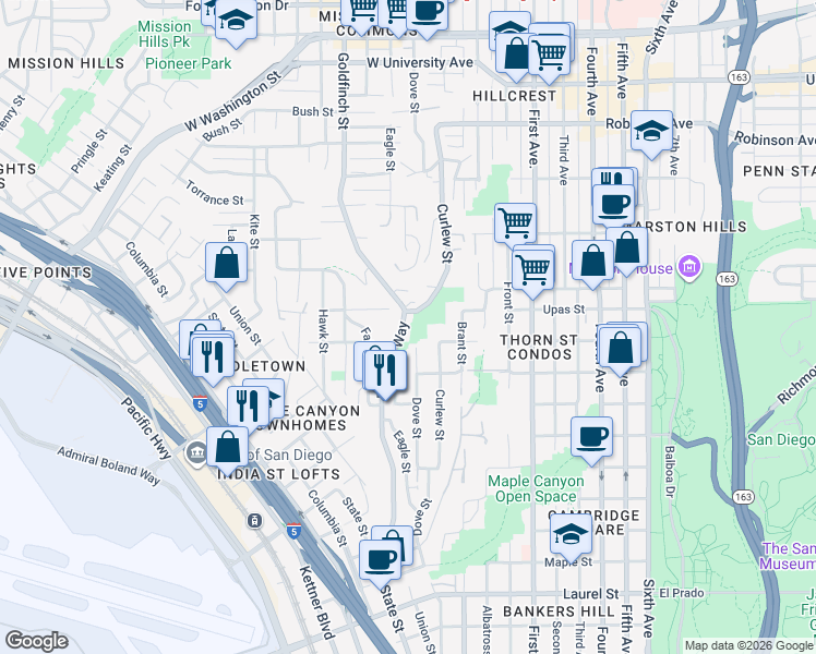 map of restaurants, bars, coffee shops, grocery stores, and more near 3350 Reynard Way in San Diego