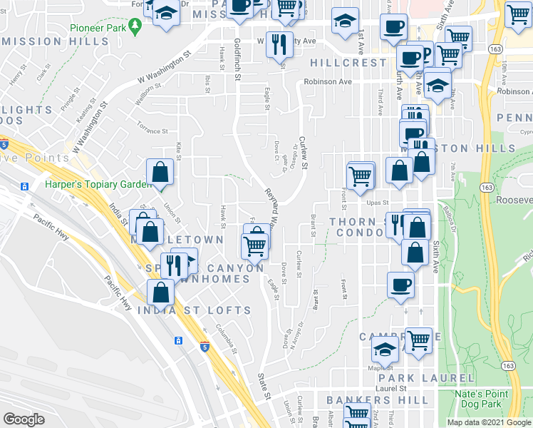 map of restaurants, bars, coffee shops, grocery stores, and more near 3350 Reynard Way in San Diego